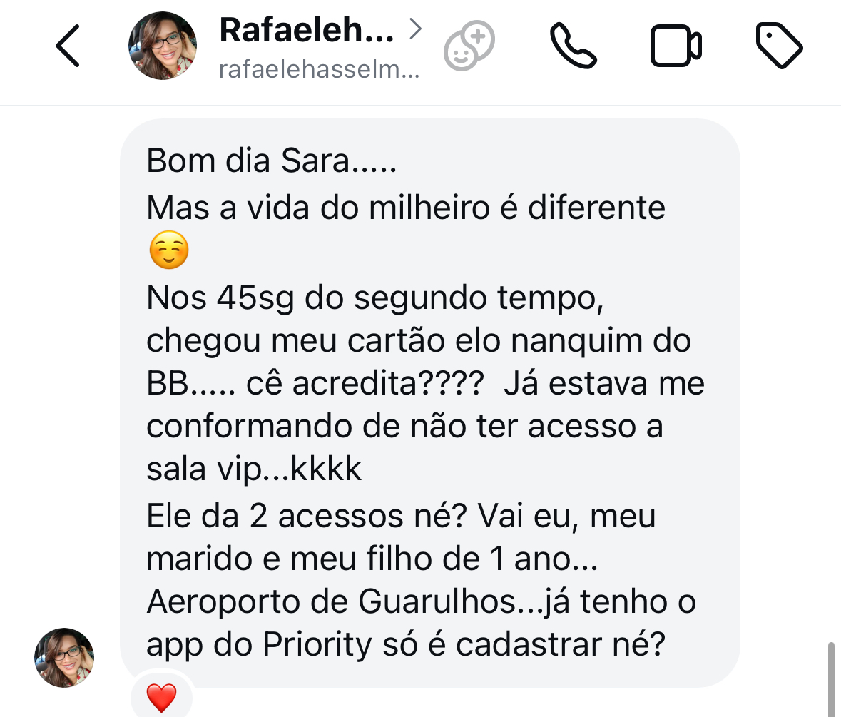 Mensagem de aluna contando que recebeu o cartão Elo Nanquim e ganhou acesso à sala VIP