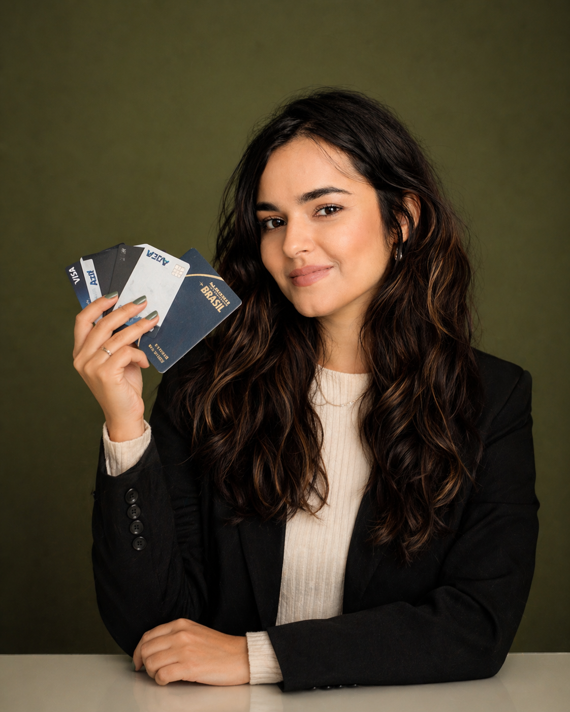 Sara Reis segurando diferentes cartões de crédito